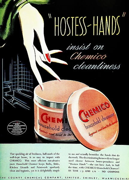Advertisement for Chemico'bathroom and kitchen tile and ceramics cleaner, for domestic use. 1948