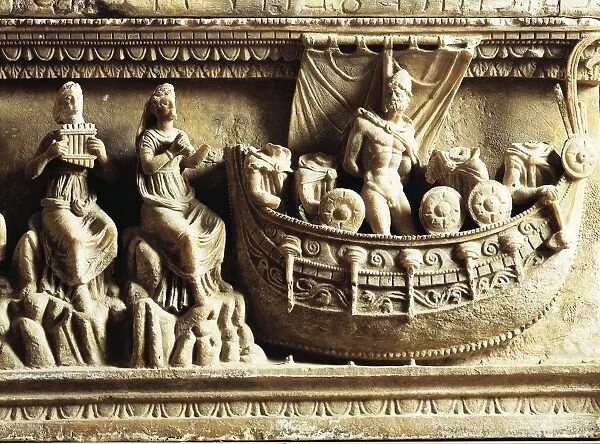 Etruscan civilization, alabaster urn, detail of relief depicting Odysseus and Sirens