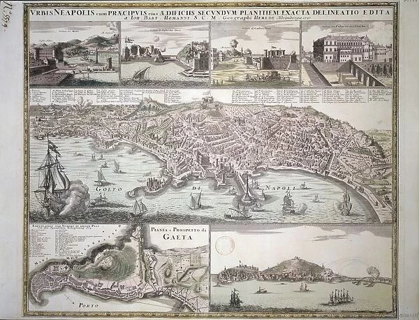 Map of Naples and its Main Buildings, Map of Gaeta, by Christoph Homann, copperplate, printed in Nuremberg, 1727
