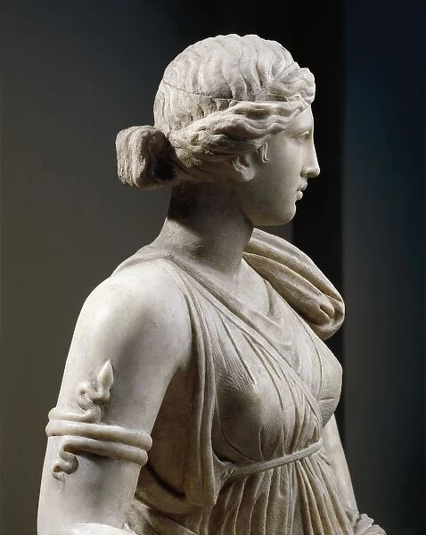 Marble statue of Artemis, copy of Greek original of 4th century b. c. detail of bust, arm with snake-shaped bracelet, from Mytilene, Island of Lesbos, Greece
