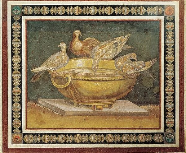 Mosaic depicting doves drinking from vase, copy of Pergamenian original of 2nd century B. C. from Hadrians Villa at Tivoli, Italy