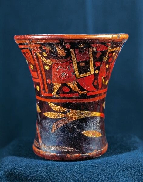 Painted wood kero vase from the Island of the Sun, Bolivia, Inca civilization