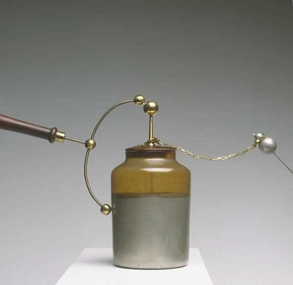Replica of Leyden jar, storing electric charge, invented by by Pieter van Musschenbroek, 1746