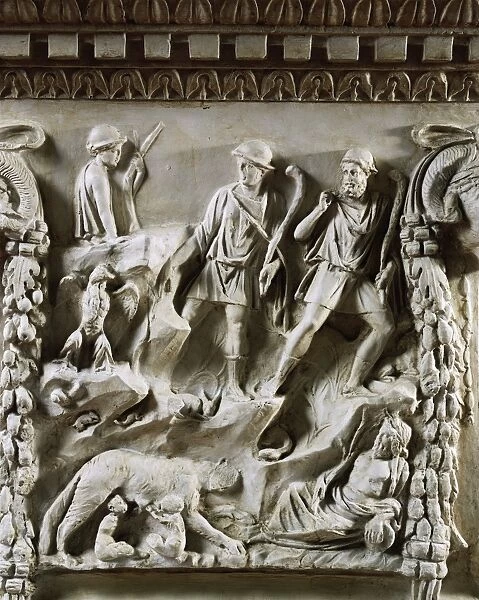 Roman altar made of alabaster chalk, detail with scene depicting origins of Rome, from excavations at Ostia, Italy