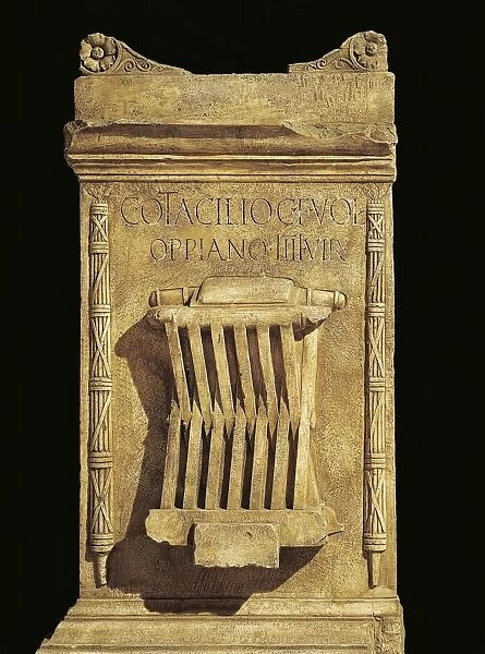 Roman civilization, Quaestor C, Otacilia Oppianos cippus, relief showing folding seat (bisellum) specially reserved for magistrates, from Graveson, France