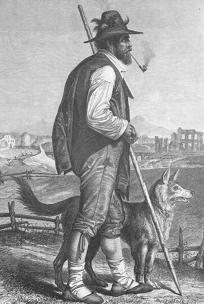 Shepherd with pipe and shepherds staff and with his shepherd dog from Campania