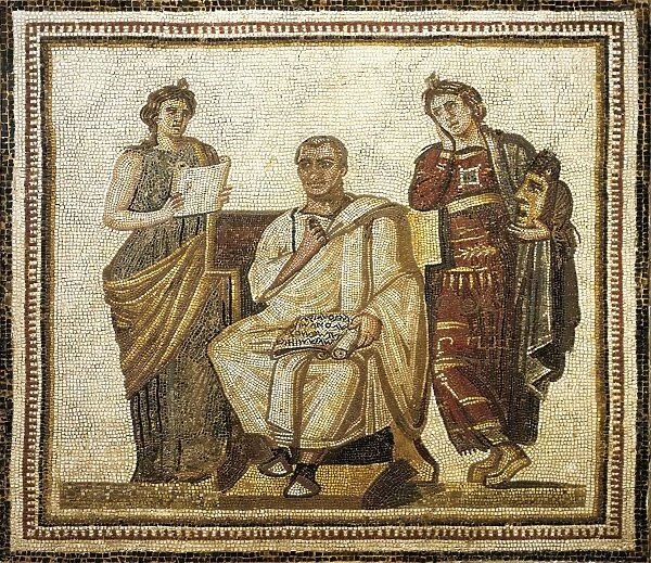 Tunisia, Susa, Mosaic work depicting the poet Virgil (Publius Vergilius Maro, 70 A.C... - 19 A.C... ) writing the Aeneid sitting between the muses Clio and Melpomene