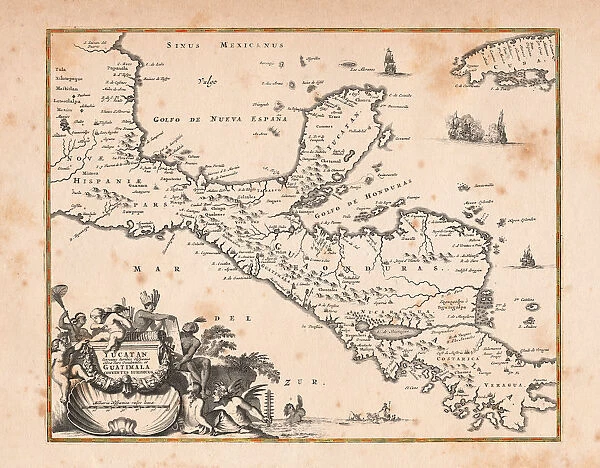 Antique map of Honduras Yucatan and Mexico 1671