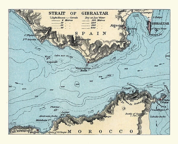 Antique map, Sea chart of Strait of Gibraltar, Victorian 1890s, 19th Century