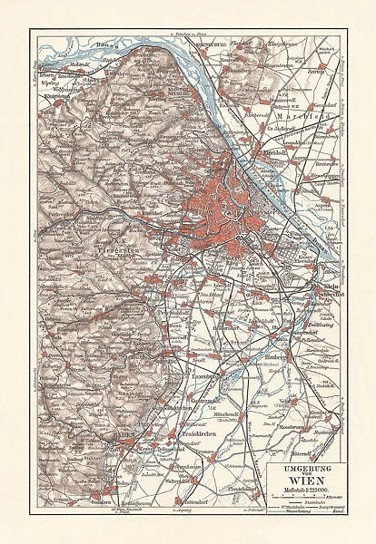 Topographic map of Vienna and surroundings, Austria, lithograph, published 1897