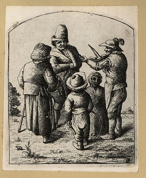 17th century peasants listening to a street fiddler. 1803 (engraving)