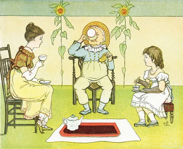 Afternoon tea - l heure du the, des enfants jouant a la dinette - Extrait de Afternoon Tea : Rhymes for children - Livre de poemes pour enfants, Frederick Warne & Co, libraire-editeur, Londres