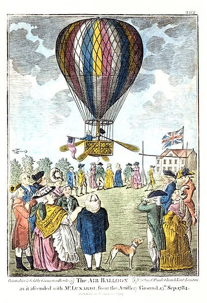 The air balloon as it ascended with Mr Lunardi from the artillery ground, 15th September, 1784 (coloured print)