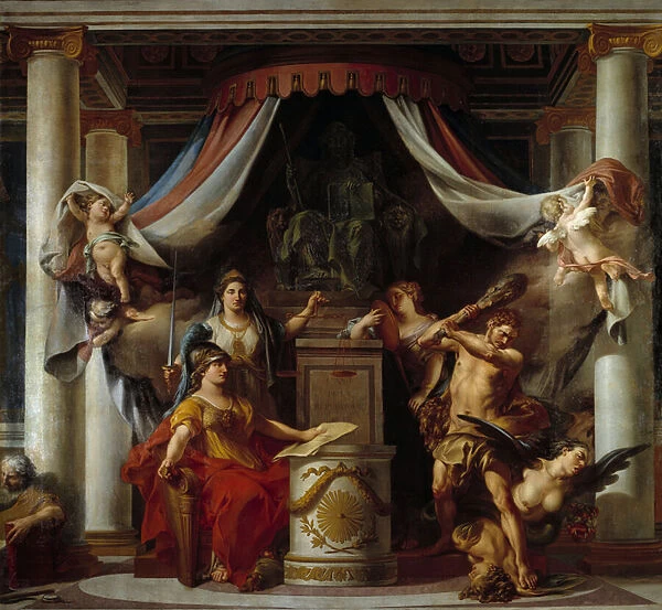 Allegory of the Revolution: in the centre Minerve hands Hercules the decret that abolishes the vices of the Ancien regime Painting by Clement Belle (1722-1806) 1794 Sun. 3, 56x3, 86 m