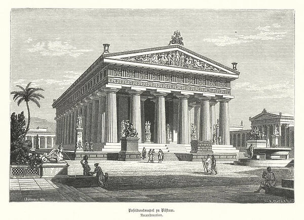 Ancient Greek Temple of Hera, Paestum, Italy, previously wrongly thought to have been dedicated to Poseidon (engraving)
