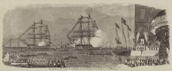 The Arrival of Her Majesty at Portsmouth on the Occasion of the Launch of the Marlborough (engraving)