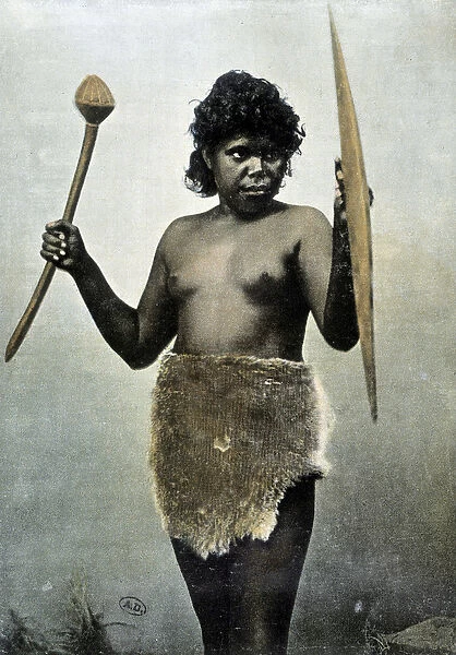 Australian Aboriginal wife in charge of her husbands arms - autochrome, 1889