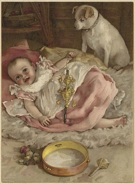 A baby holding a rattle as it lays on a rug (colour litho)