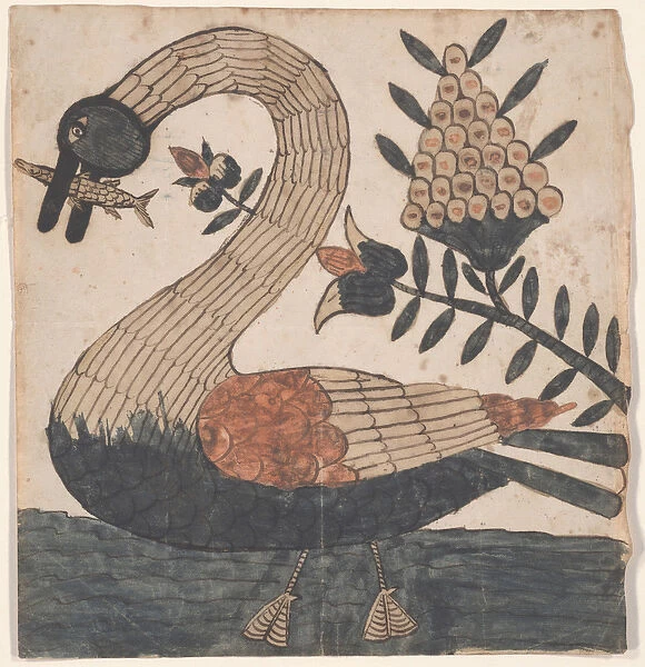 Bird with Fish, Fraktur Painting, c. 1810 (pen & ink with w  /  c on paper)