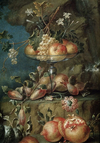 Birds and fruits in a landscape ( detail of a painting, 18th century)