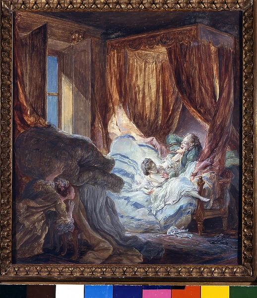 The bride is prying. Painting by Pierre Antoine Baudouin (1723-1769)