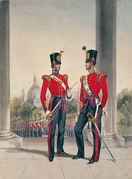 British Officers in India (colour engraving)
