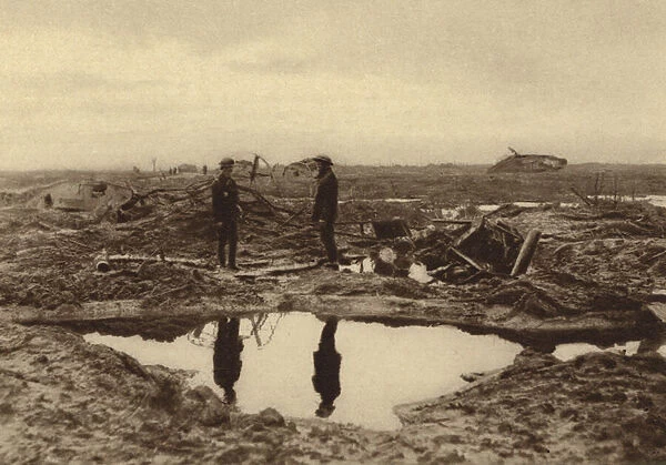 British tanks bogged down in the mud before they could reach the German lines at Ypres, Belgium, World War I, 15 February 1918 (b  /  w photo)