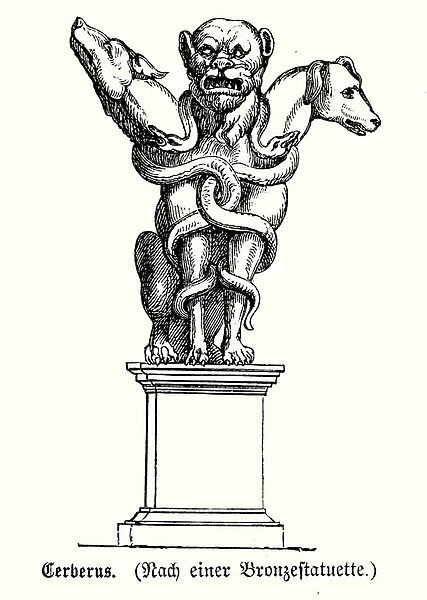 Bronze statue of Cerberus, the three-headed dog that guards the gates of the Underworld to prevent the dead from leaving in ancient Greek and Roman mythology (engraving)