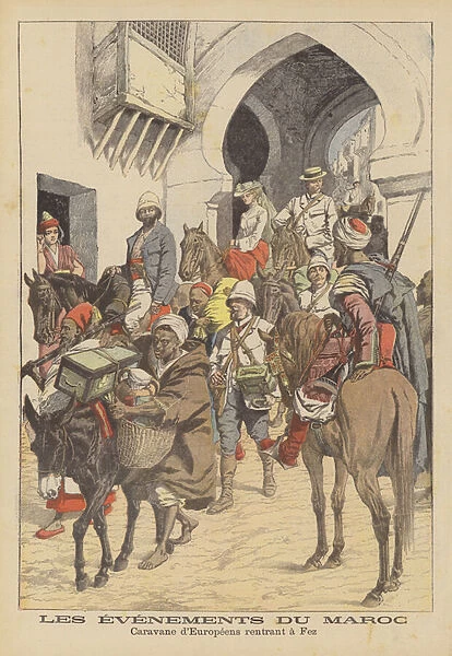 Caravan of Europeans returning to Fez, Morocco (colour litho)