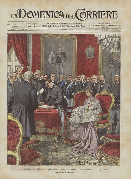 The Ceremony Of The Birth Certificate Of Princess Mafalda, At The Quirinale, On November 23rd (Colour Litho)