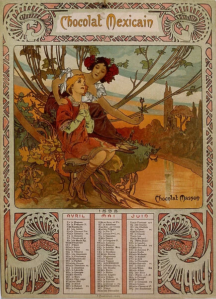 Chocolate Masson calendar illustrated by Mucha (1860 - 1939). a Czech Art Nouveau painter