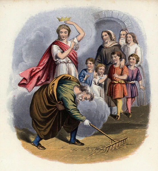 Christiana and the man with the muck-rake, an illustration from from The Pilgrims Progress by John Bunyan (colour litho)