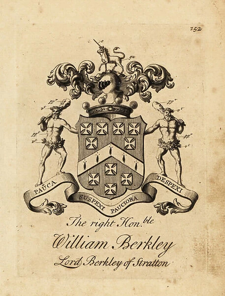 Coat of arms of the Right Honourable William Berkley, Lord Berkley of Stratton, 4th Baron Berkeley of Stratton, died 1741