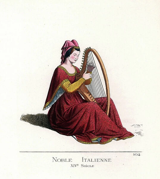 Costume of a woman of the Italian nobility, playing the harp, 14th century - Costume of Italian noble woman playing a harp, 14th century - She wears a pink veil bordered in gold over a black velvet bonnet