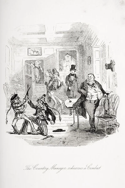 The country manager rehearses a combat, illustration from Nicholas Nickleby