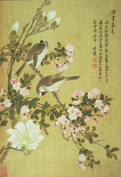Crabapple, Magnolia and Baitou Birds (ink and colour on silk)