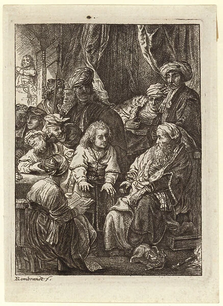 A crowd of people gathered around a seated old man (engraving)