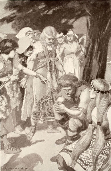 Cuchulainn rebuked by Emer, illustration from Celtic Myth and Legend