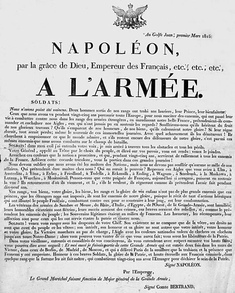 Declaration made by French Emperor Napoleon I to his army at Golfe Juan, 1st March 1815 (engraving)