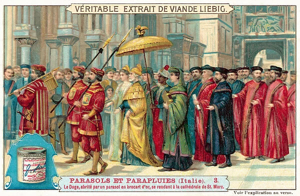 The Doge of Venice, protected by a parasol of gold brocade, on his way to St Marks Basilica (chromolitho)