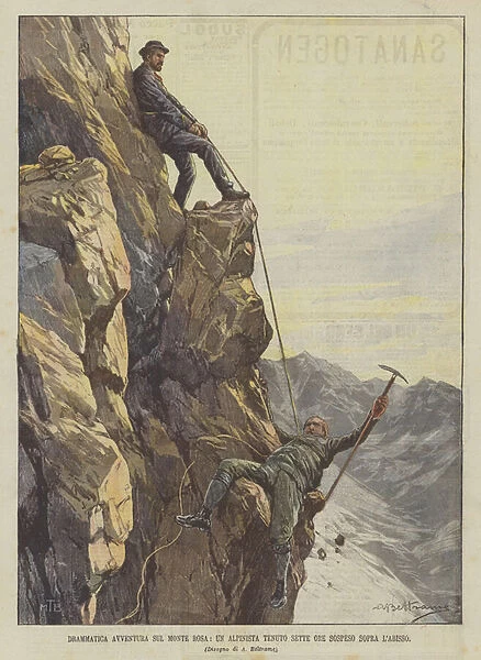 Dramatic Adventure On Monte Rosa, A Mountaineer Held Seven Hours Suspended Above The Abyss (Colour Litho)