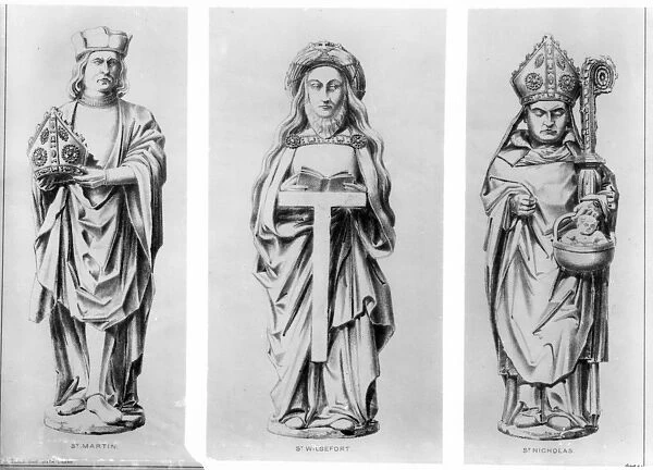 Drawings of Saints Martin, Wilgefort and Nicholas from their statues in Henry VII Chapel
