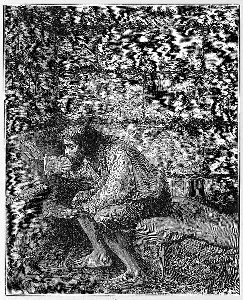 Edmond Dantes, the Count of Monte Cristo (Monte Cristo) in his prison - Engraving by Riou