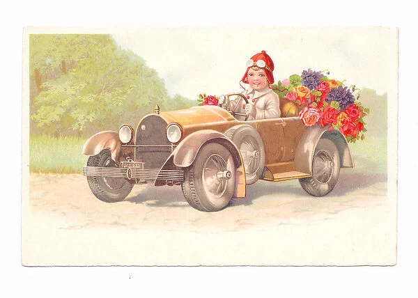 Edwardian postcard of a child driving a vintage car with flowers in the backseat, c