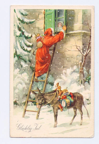 Edwardian postcard of Father Christmas climbing a ladder towards a half open window with