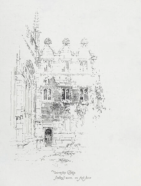 English poet Percy Bysshe Shelleys room on the first floor of University College, Oxford (litho)