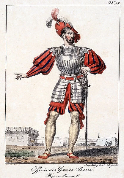Engraving of an officer of the Swiss guards during the reign of Francois I