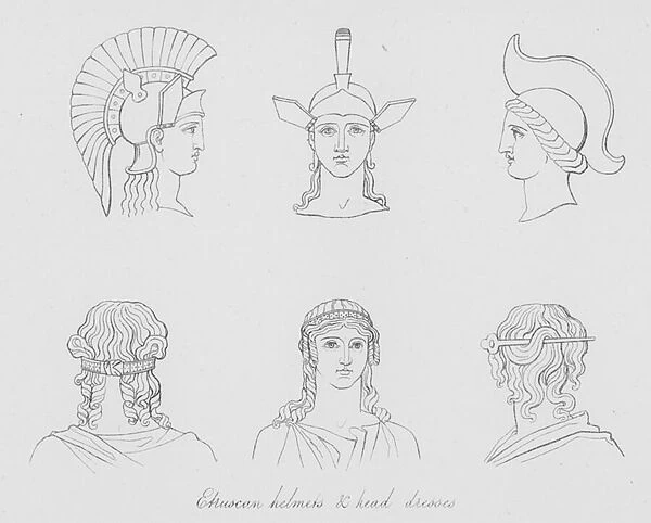Etruscan helmets and head dresses (engraving)