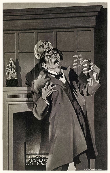 The features seemed to melt and alter from the Strange Case of Dr Jekyll and Mr Hyde by Robert Louis Stevenson (1850-1894) Illustration by S. G. Hulme Beamam (1887-1932) for a 1930 edition. See more information below