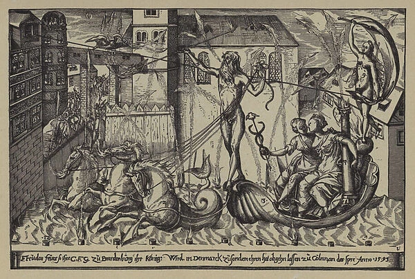 Fireworks at the castle of the Margrave of Brandenburg at Colln on the River Spree on the occasion of the visit of King Christian IV of Denmark, 10 October 1595 (etching)